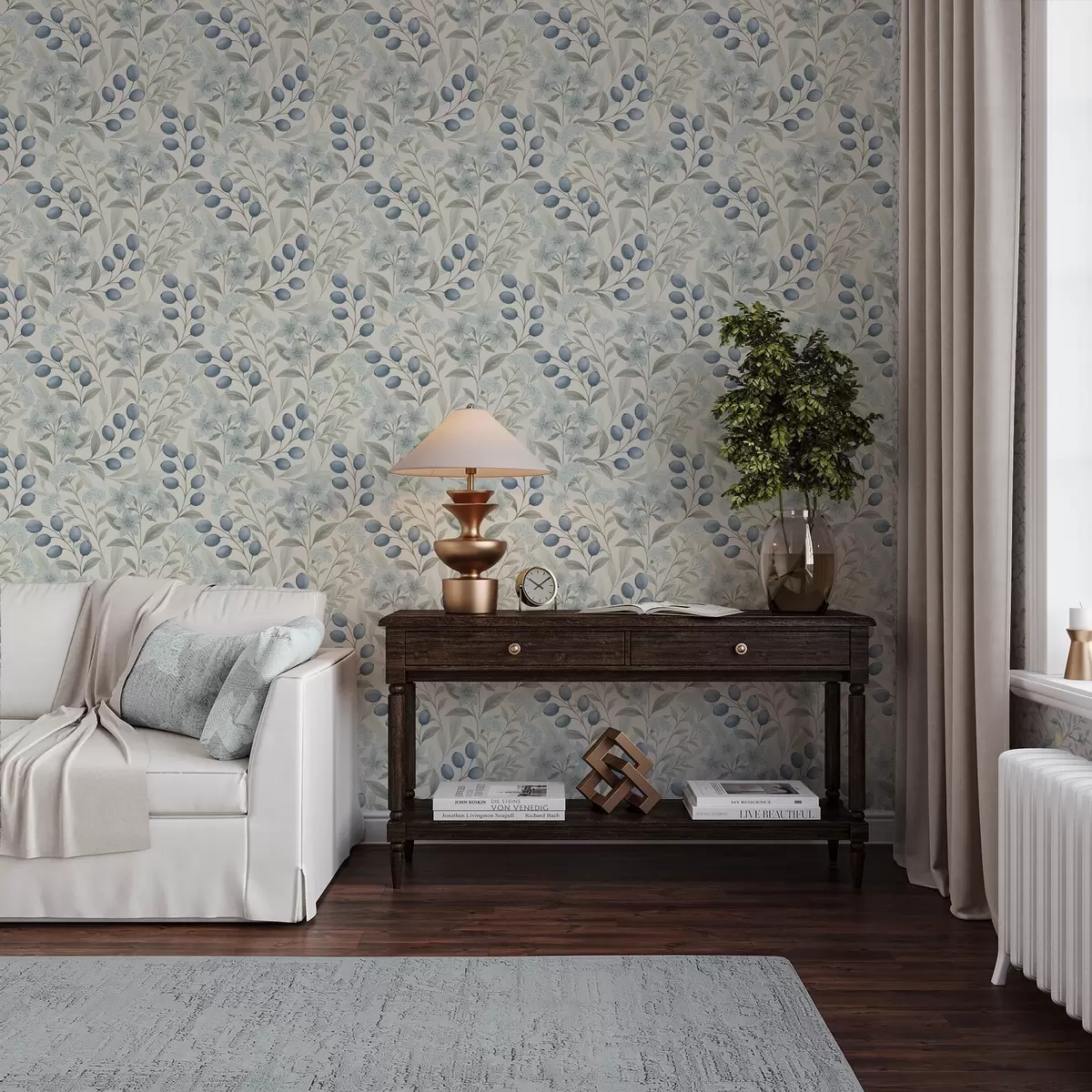 Behang Blauwe bessen en lichte bloemen op ivoor a00872