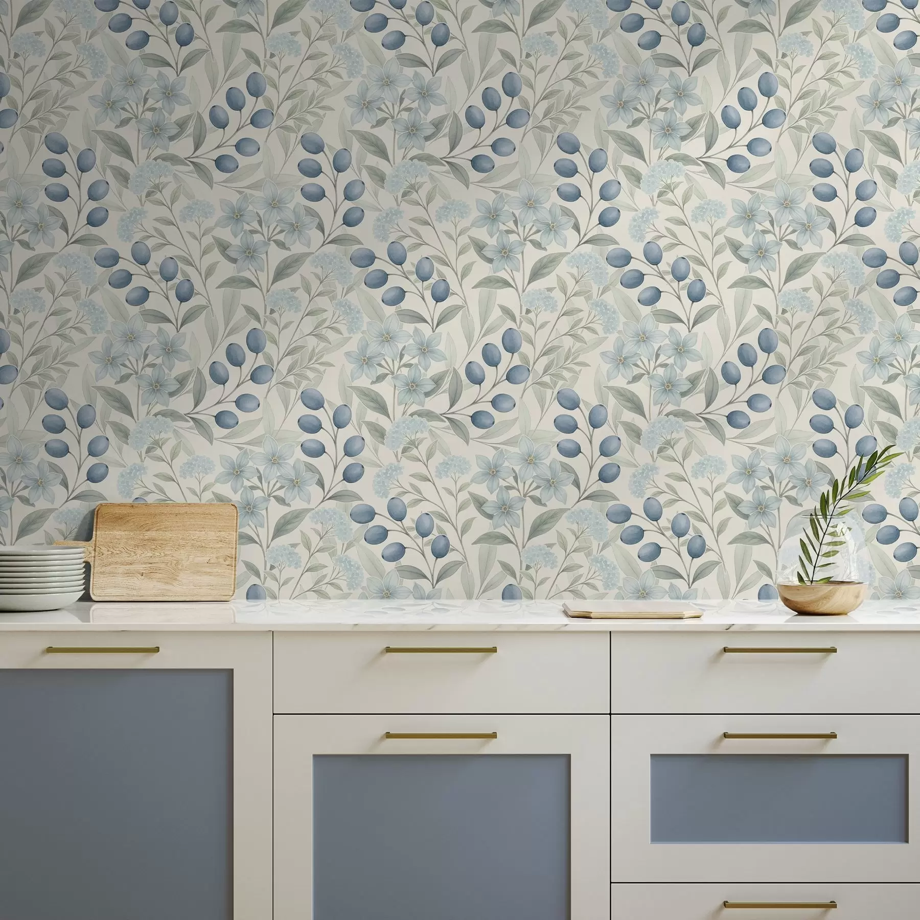 Papier peint photo Baies bleues et fleurs claires sur fond ivoire a00872