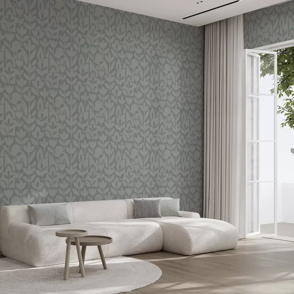 Behang Geometrische bloemensilhouetten in leiblauw a00875