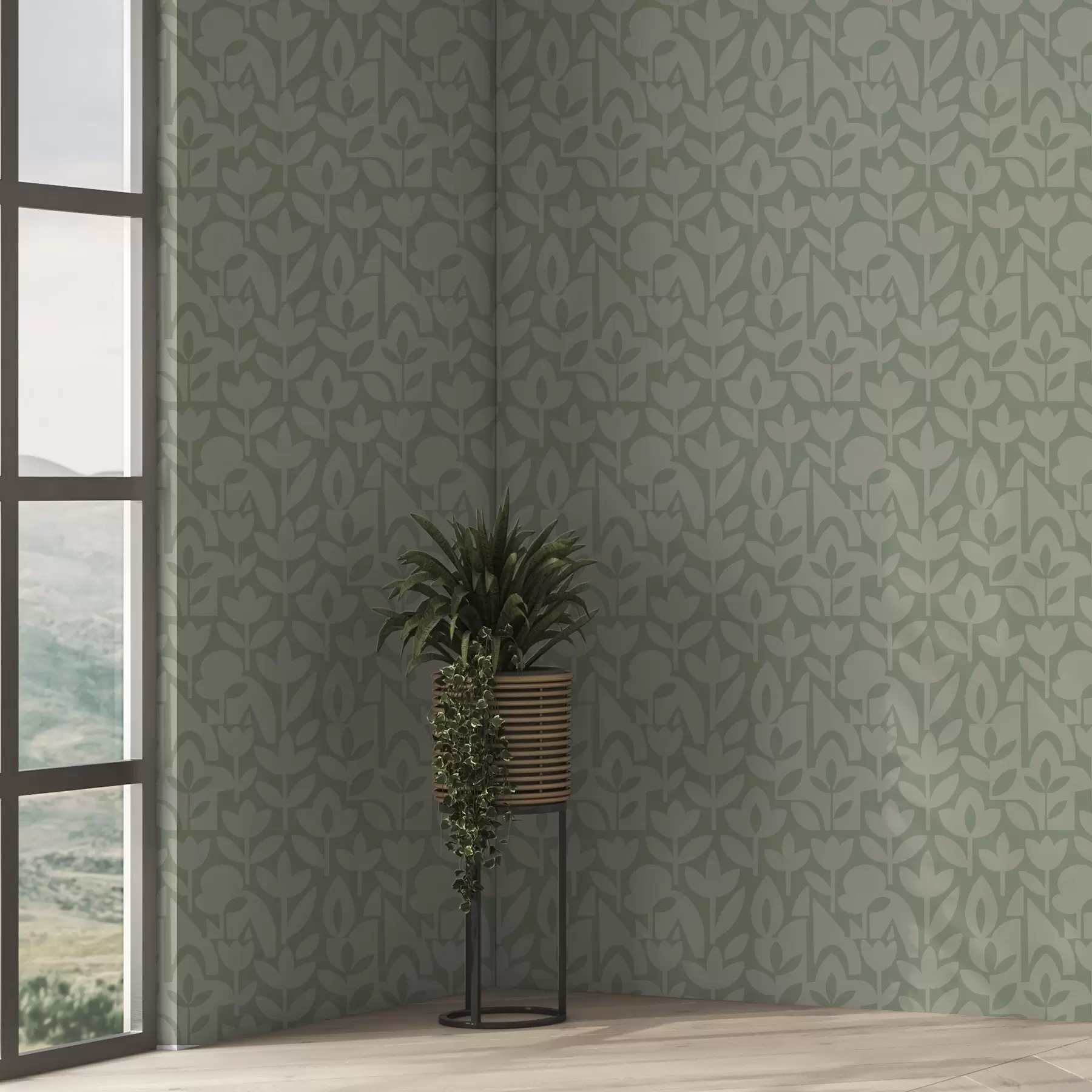 Fotobehang Geometrische bloemensilhouetten in zacht saliegroen a00875v1