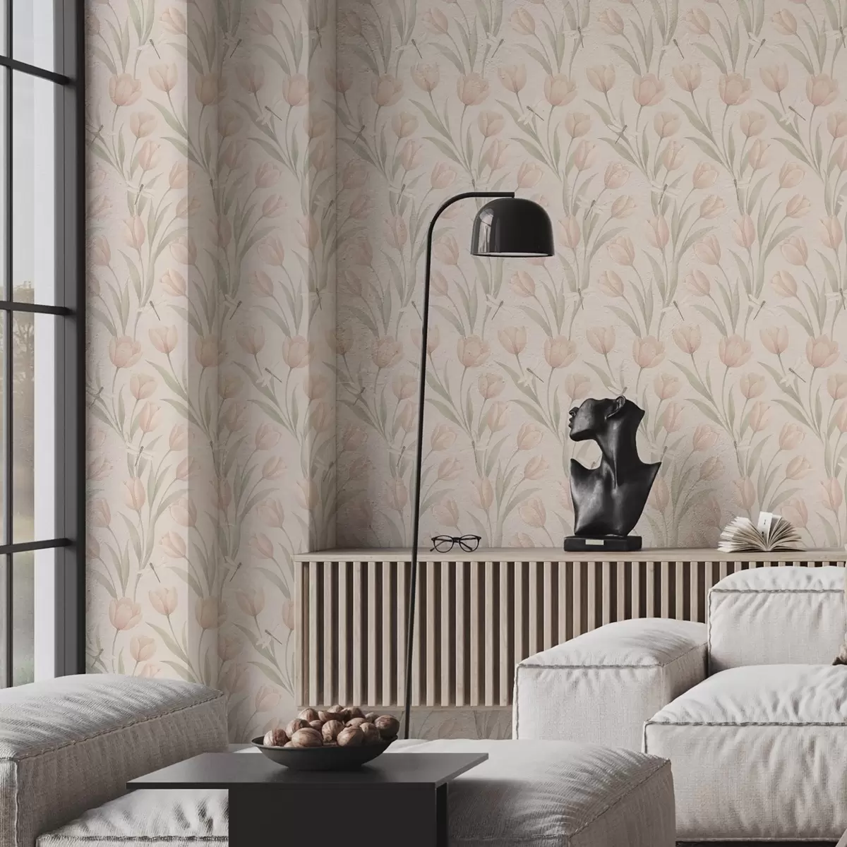 Behang Pastelkleurige tulpen met libellen op blush a00876