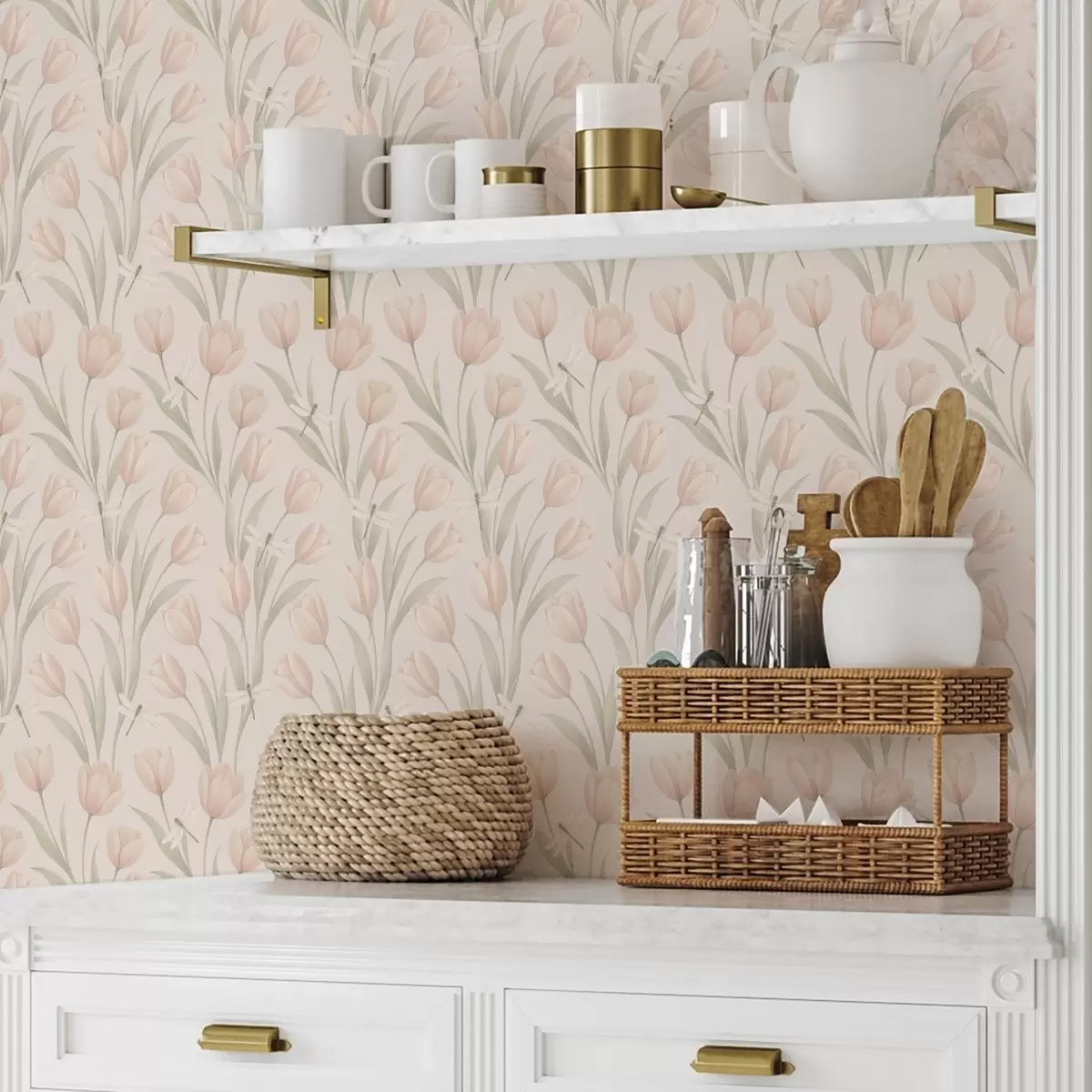 Papier peint Tulipes pastel avec libellules sur fond rose pâle a00876