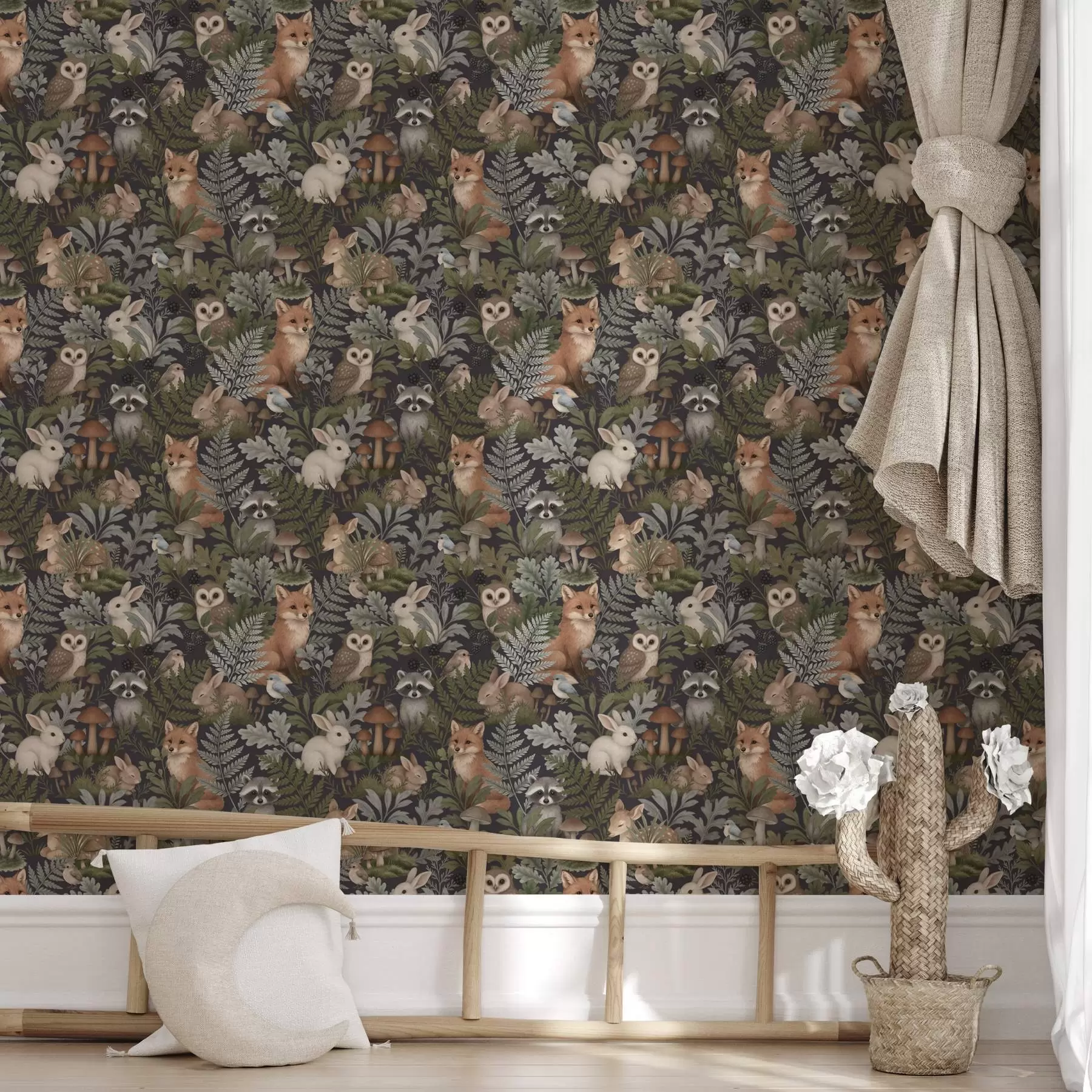 Fotobehang Bosdieren en varens op diep houtskool a00880