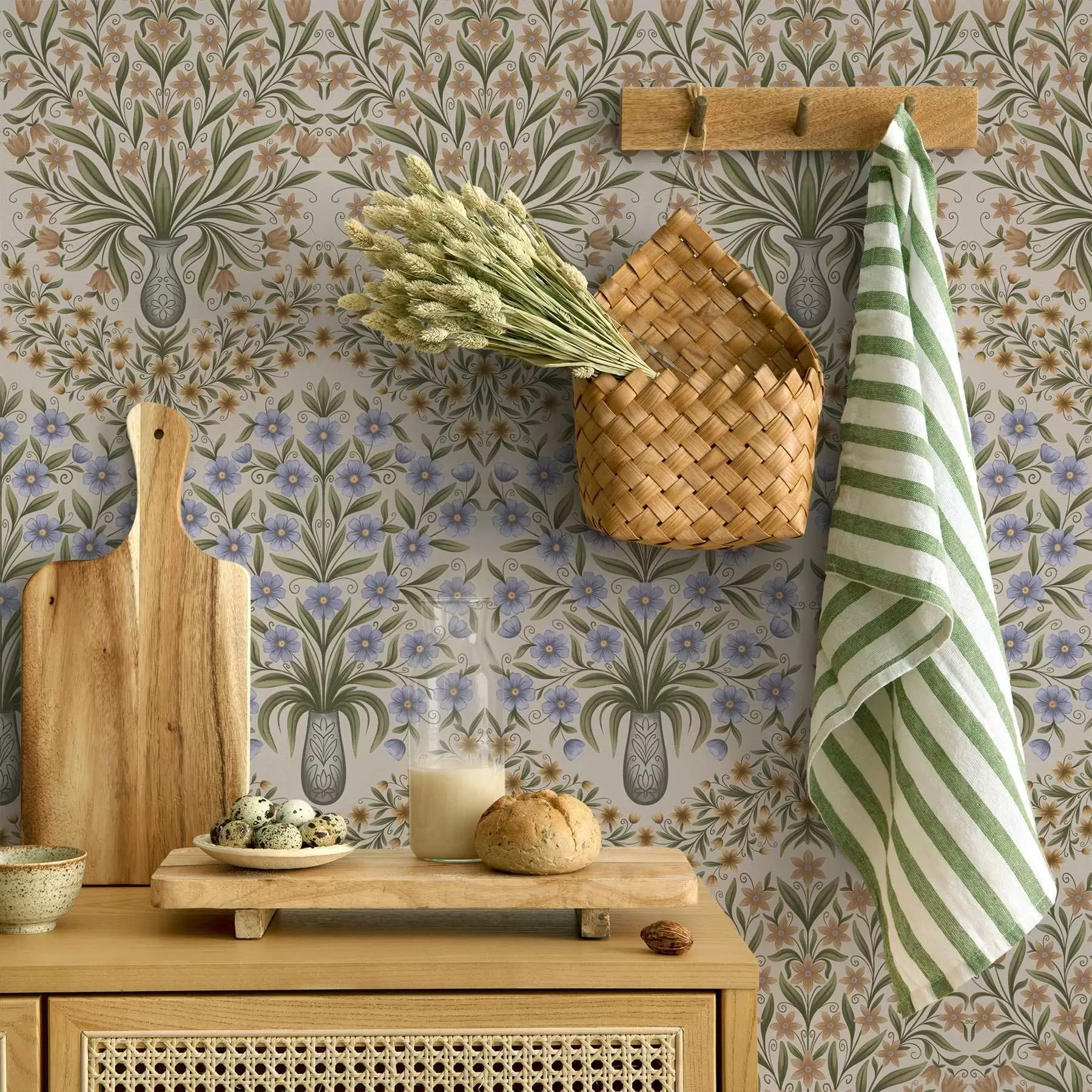 Fotobehang Folk vazen met blauwe bloesems en olijfbladeren op blush a00900
