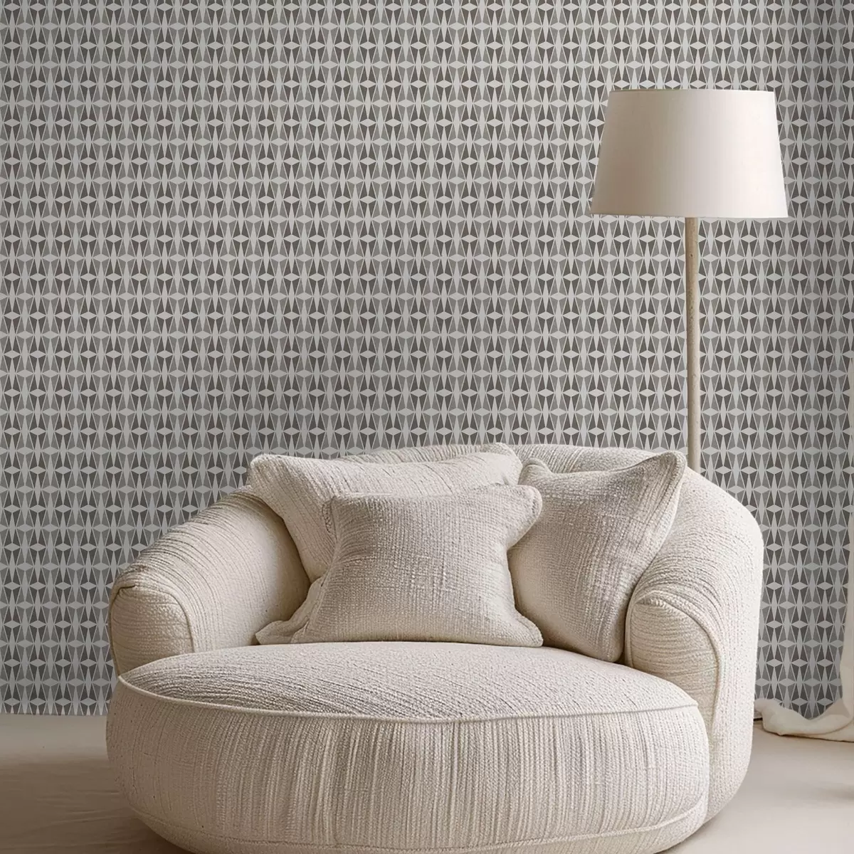Behang Taupe en witte diamantpatronen, mid-century gevoel a00905