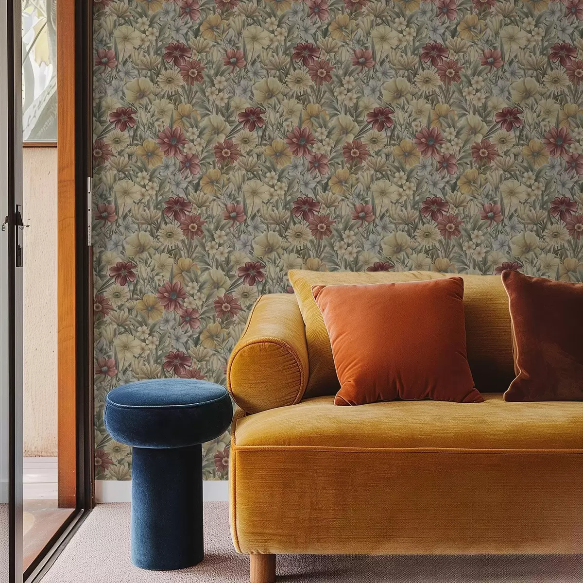 Behang Vintage weide bloeit in warme gele, rode en salie tinten a00906