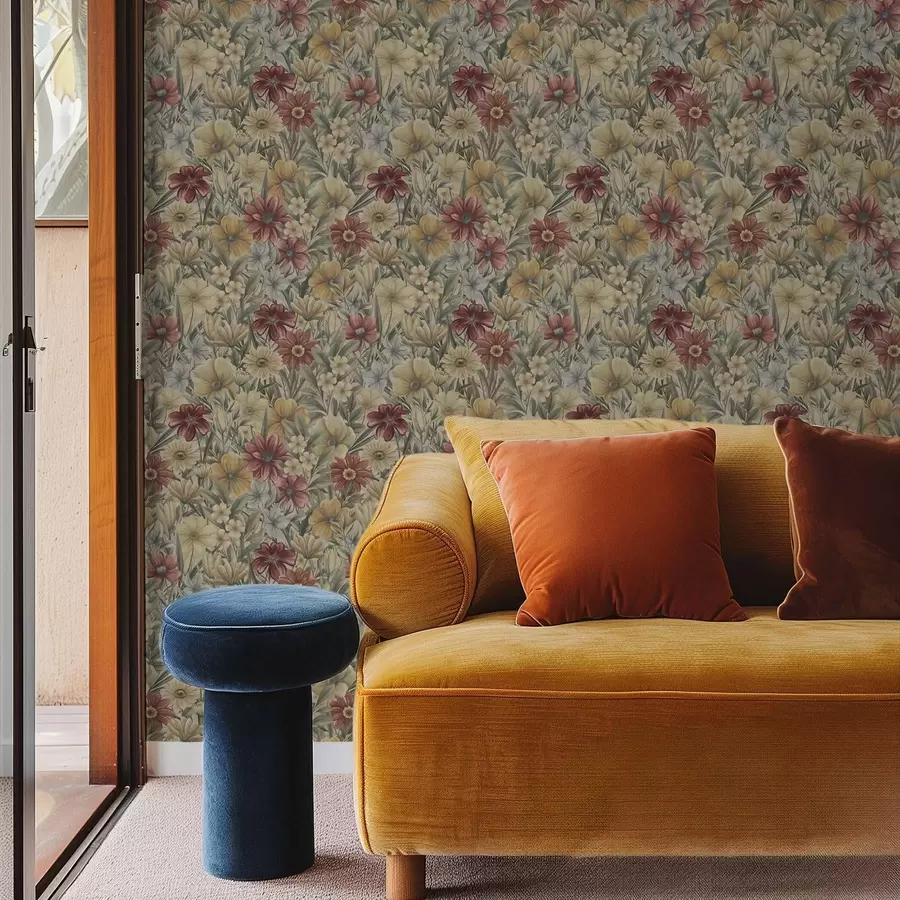 Fotobehang Vintage weide bloeit in warme gele, rode en salie tinten a00906