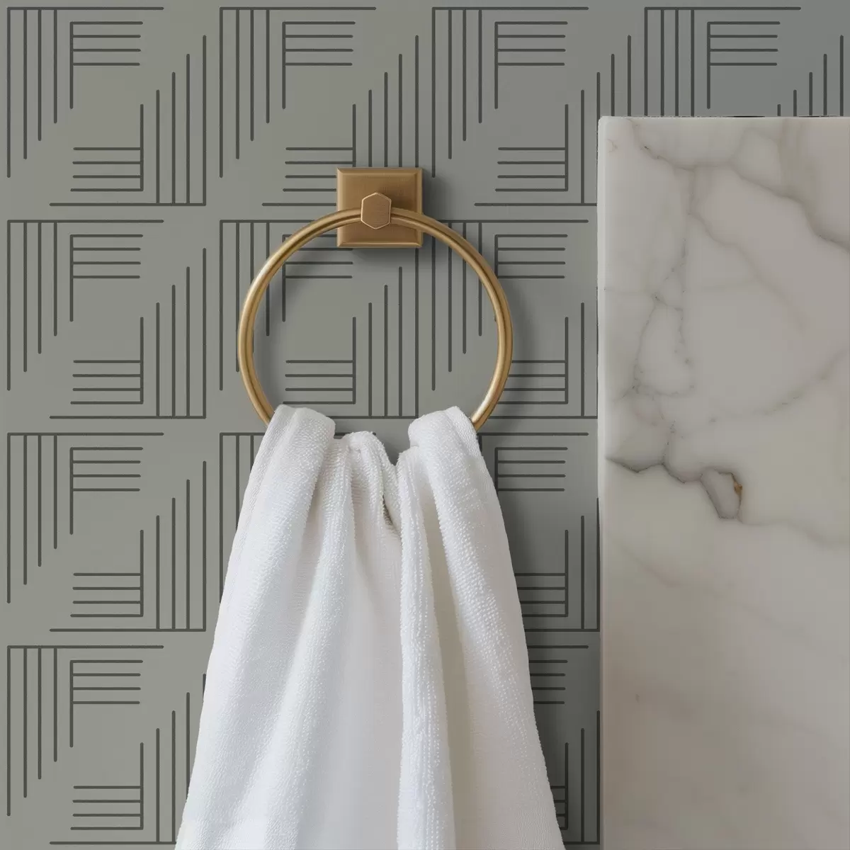 Behang Lineaire hoekblokken die vierkanten vormen op warm grijs a00907