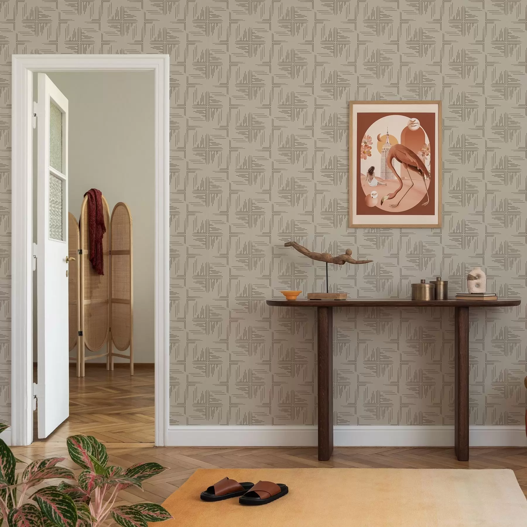 Fotobehang Offset cacaokleurige hoekblokken met verspreide lijnen, beige a00912