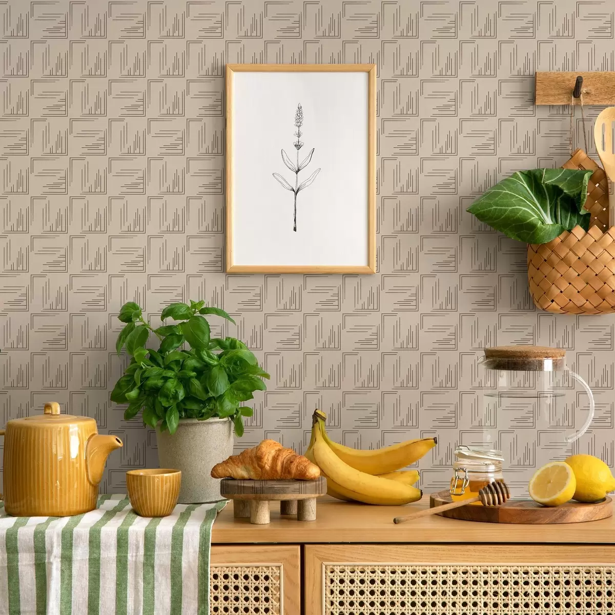 Papier peint Grands carrés d'angle en cacao avec remplissages de lignes variés, sable a00913