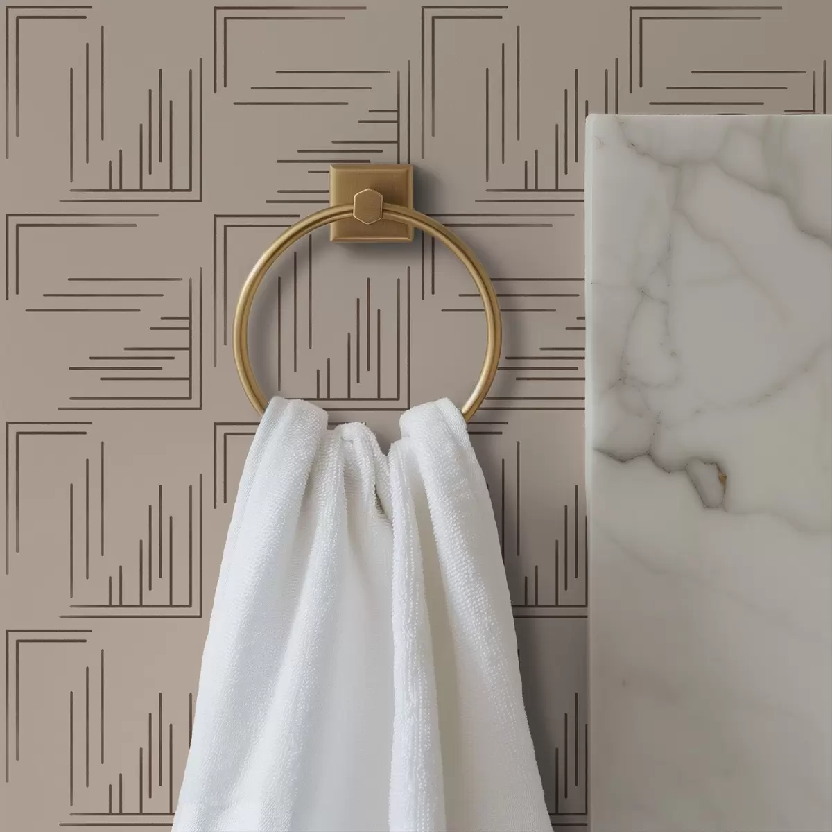 Behang Grote hoekige vierkanten met verschillende lijnvullingen, zandkleurig a00913