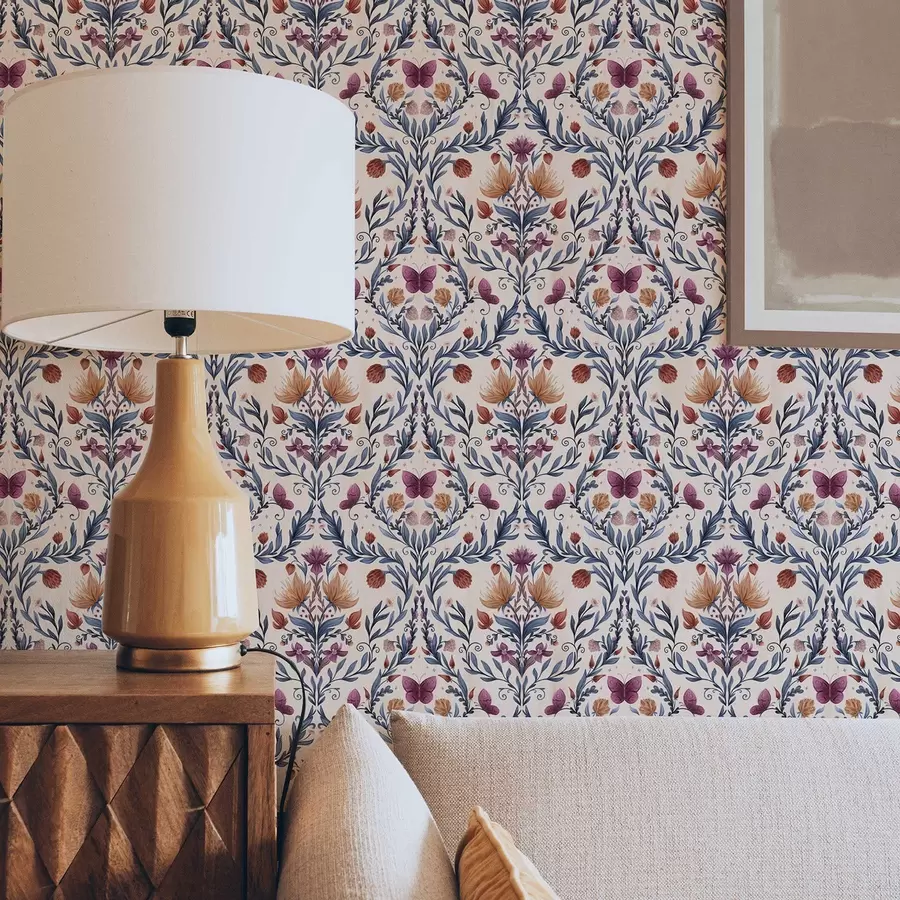 Papier peint photo Damassé floral avec papillons sur fond pêche clair a00926