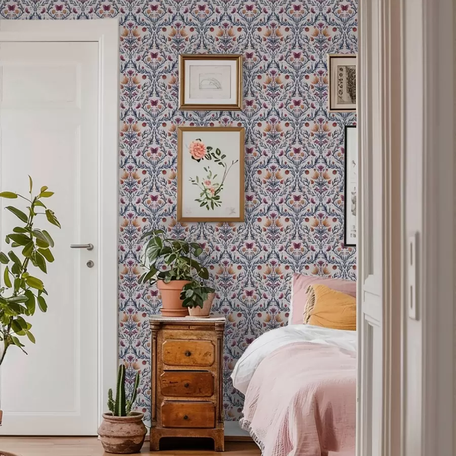 Fotobehang Bloemendamast met vlinders in marineblauw en terracotta op wit a00926v1