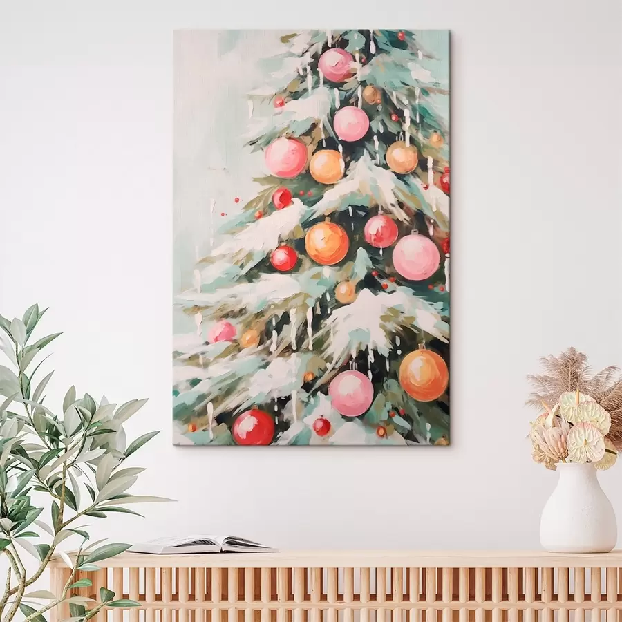  Peintures Sapin de Noël avec neige et boules roses s46480