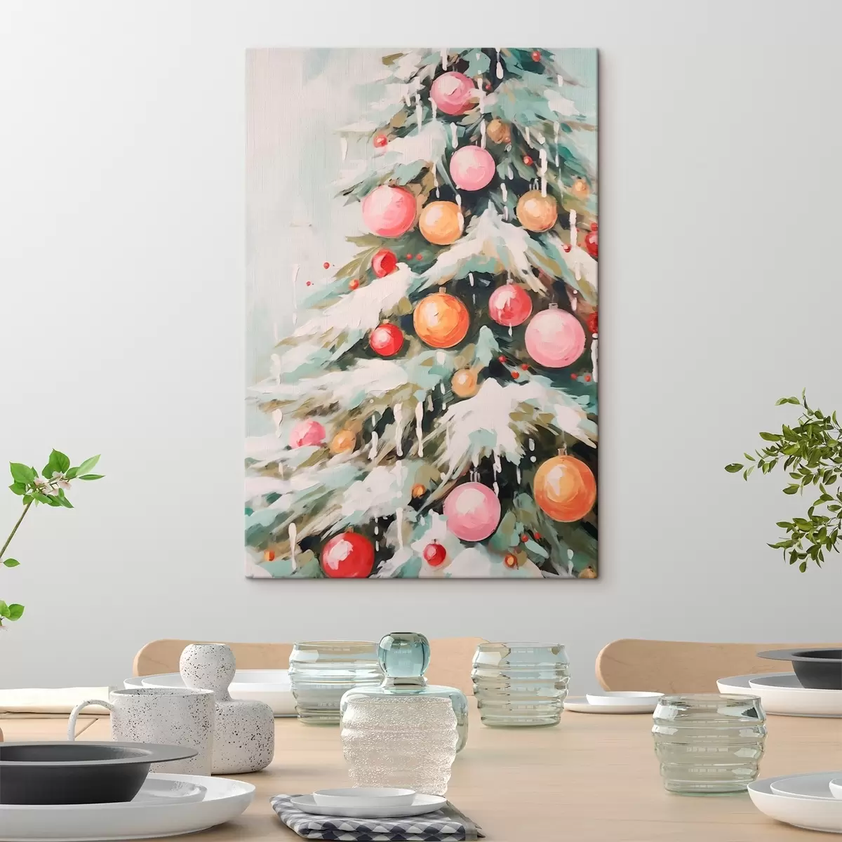  Schilderijen Kerstboom met sneeuw en roze ballen s46480