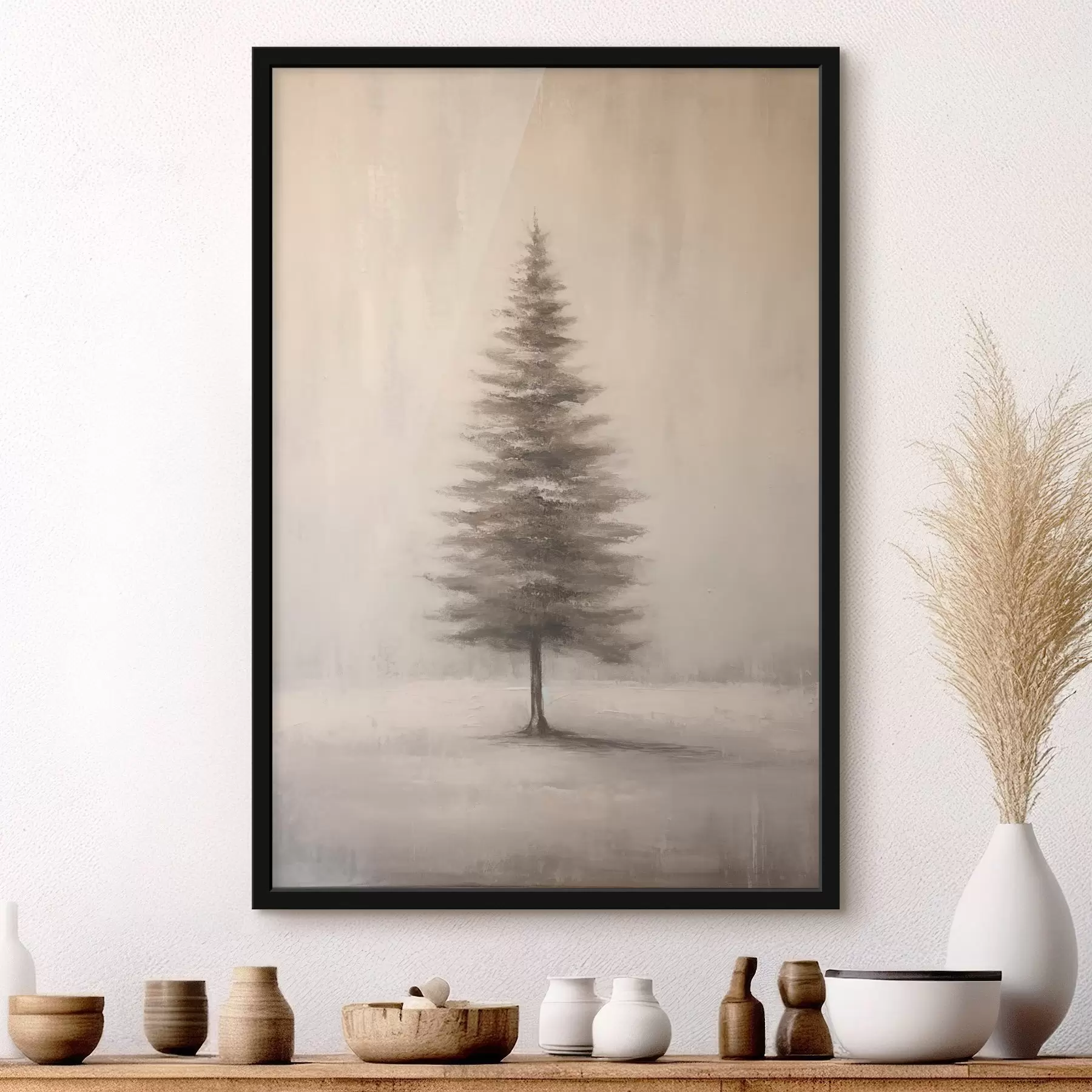 Fotobehang Monochrome dennenboom. Minimalistisch winterlandschap f46465