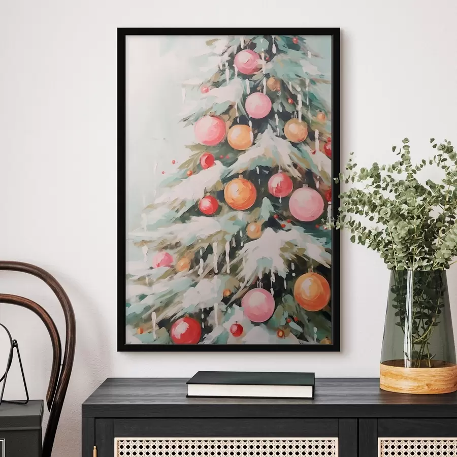 Papier peint photo Sapin de Noël avec neige et boules roses f46480