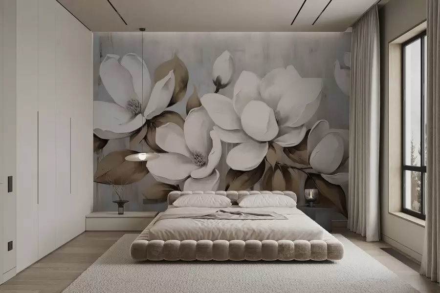 Papier peint photo Grandes fleurs de magnolia avec des feuilles taupe sur fond brossé w04785