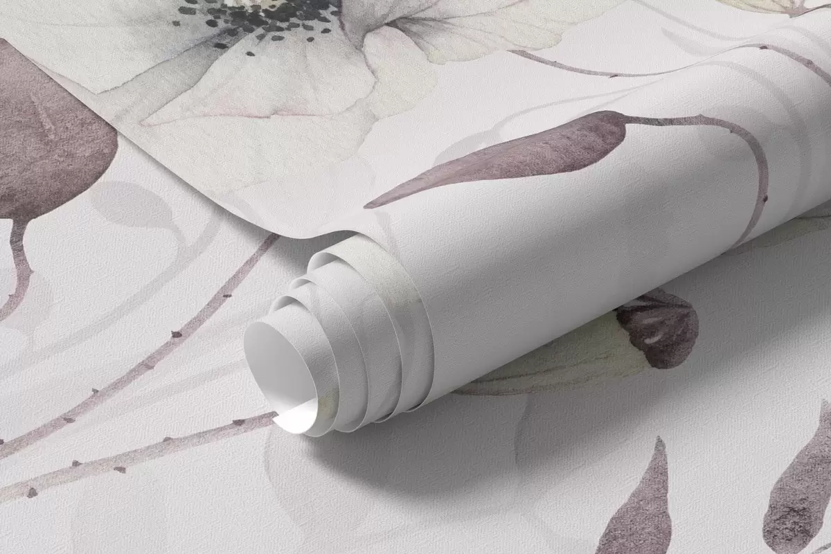 Fotobehang Aquarel papavers met kleine vogels in zacht mauve w04861