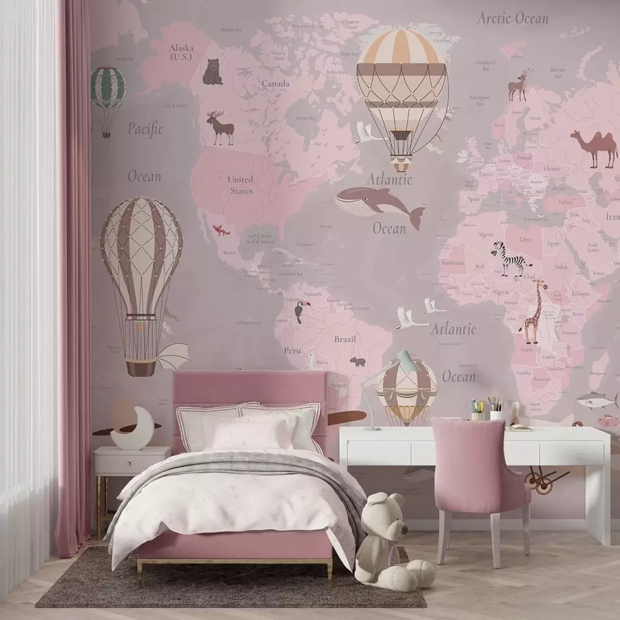 Fotobehang Wereldkaart voor kinderen met dieren, vliegtuigen en heteluchtballonnen. Engelse taal. Roze kleur. c00003env3