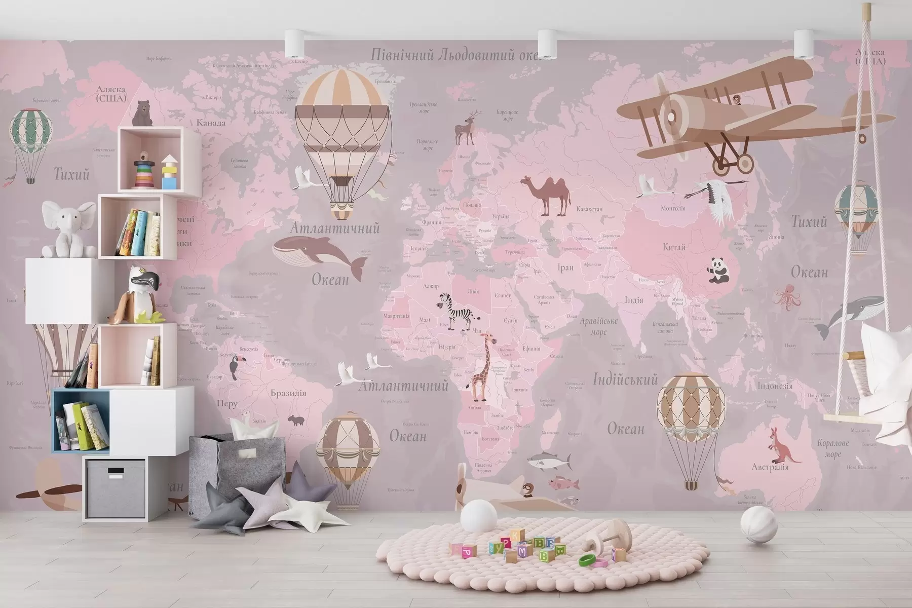Papier peint photo Carte du monde pour enfants avec des animaux, des avions et des montgolfières. En ukrainien. Couleur rose. c00003ukv3