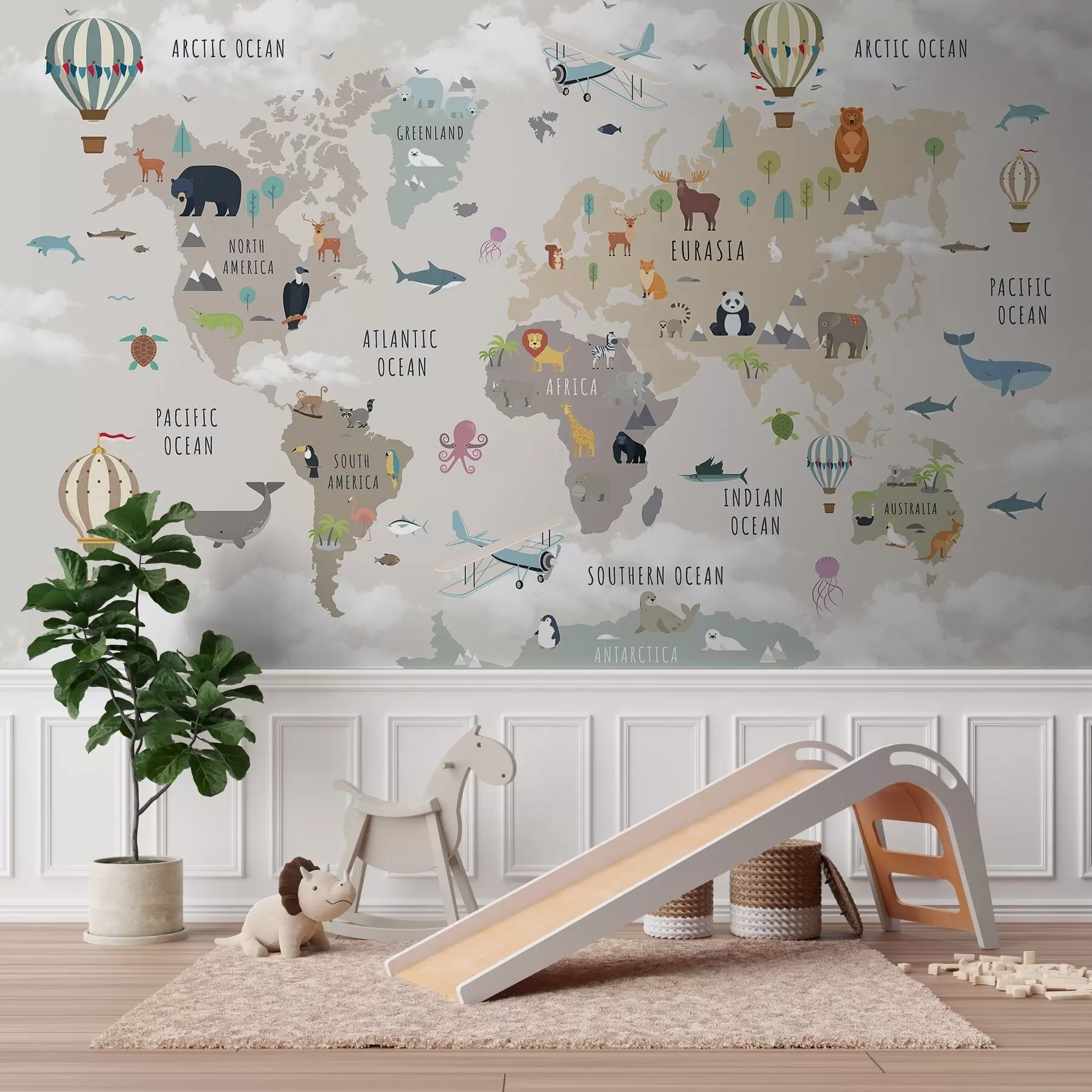 Fotobehang Wereldkaart voor kinderen met dieren en heteluchtballonnen. Engelse taal c00002en