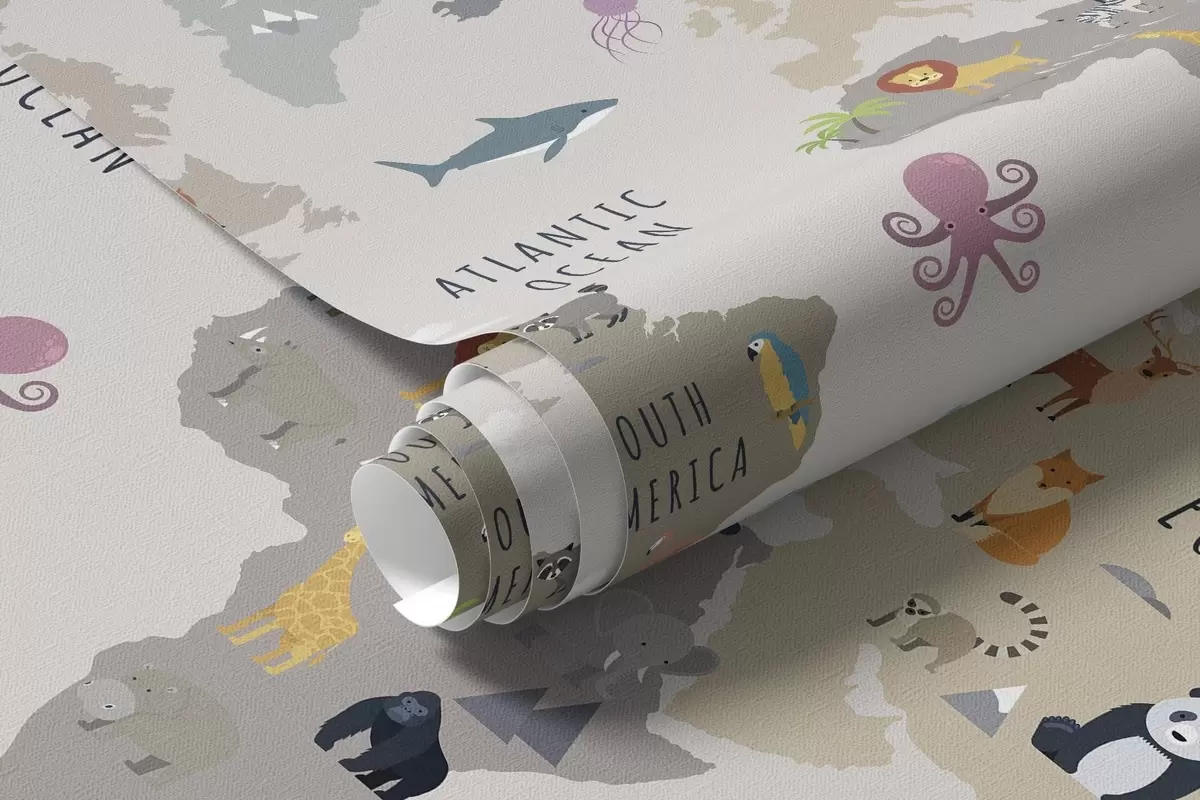 Fotobehang Wereldkaart voor kinderen met dieren en heteluchtballonnen. Engelse taal c00002en