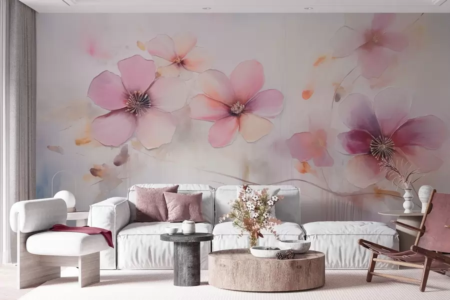 Fotobehang Tak met roze bloemen in aquarelstijl w09522