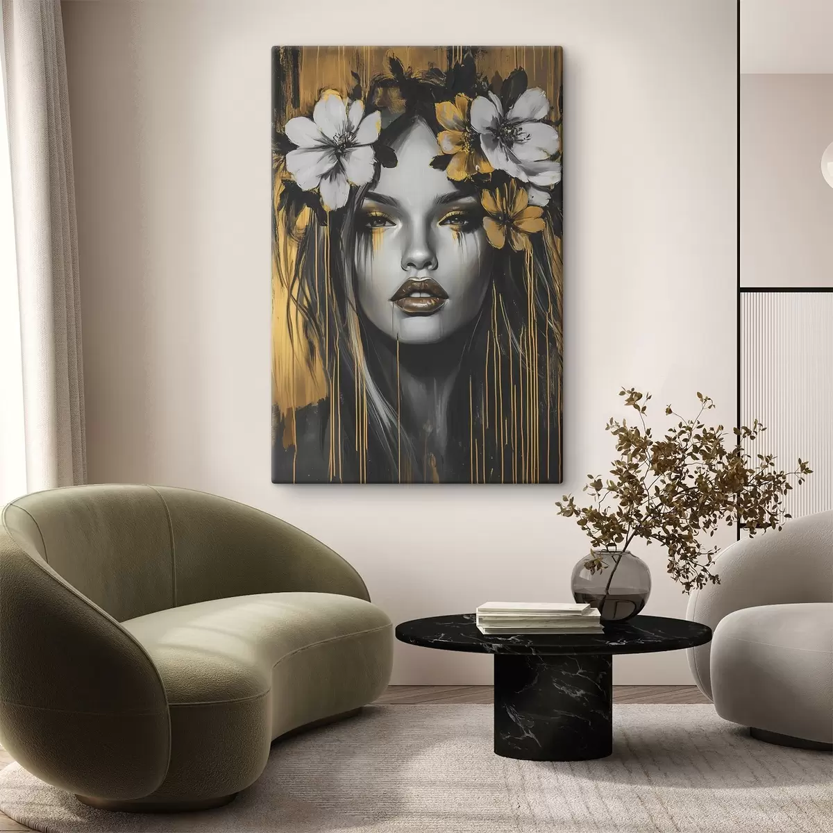  Peintures Portrait abstrait d'une femme avec des fleurs s46454