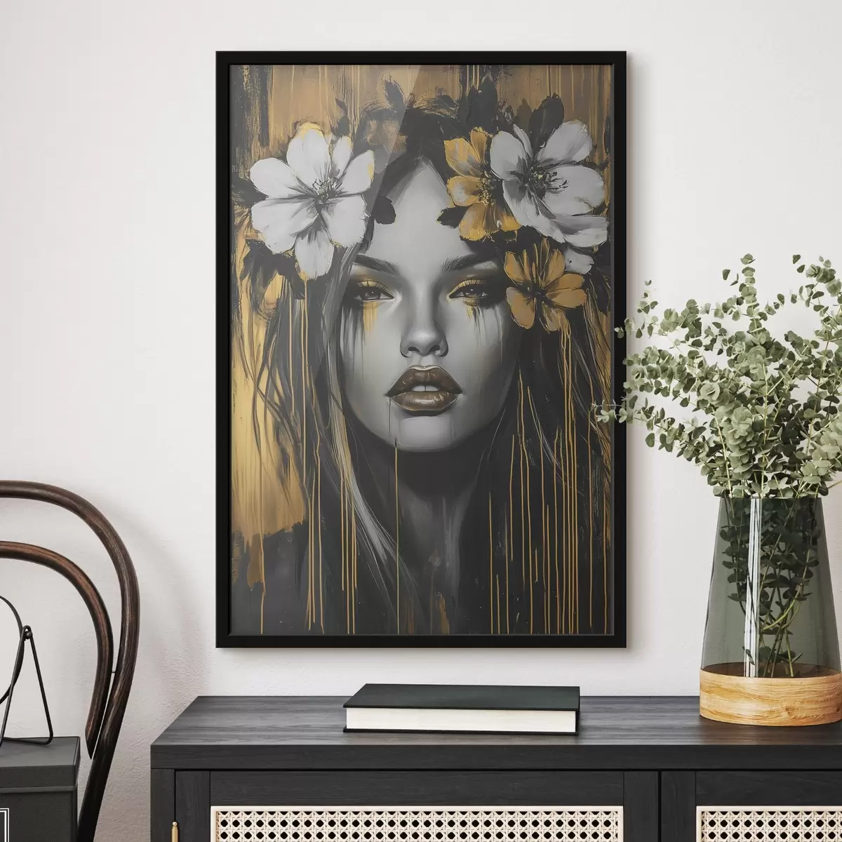 Poster Abstract portret van een vrouw met bloemen f46454