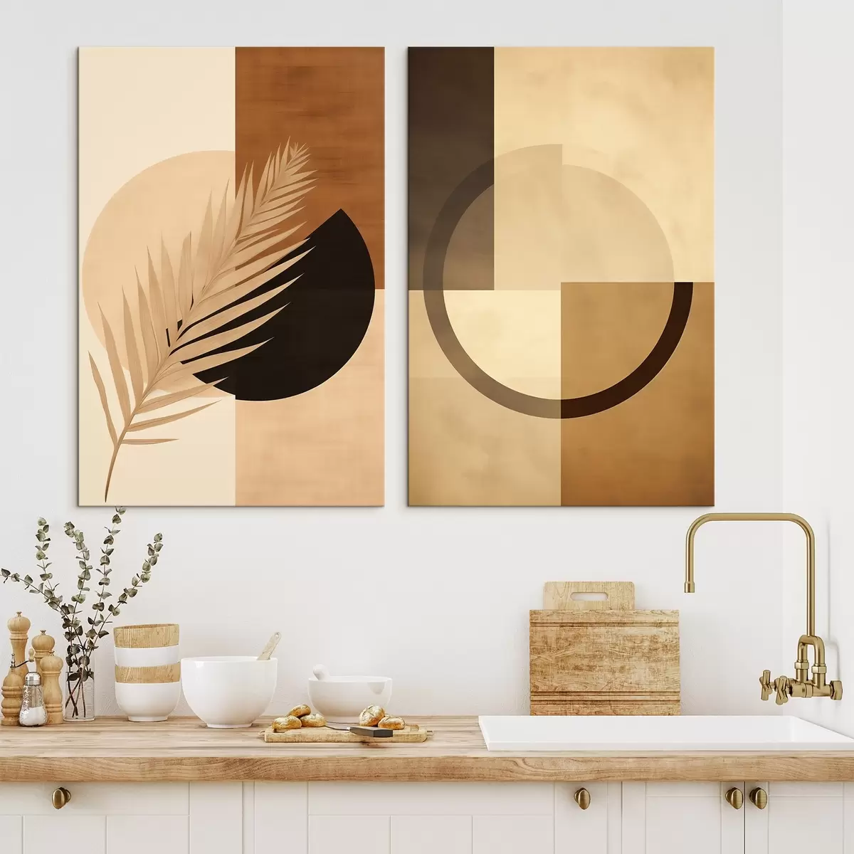  Schilderijen Terracotta en beige geometrische vorm met palmbladmotief m00968