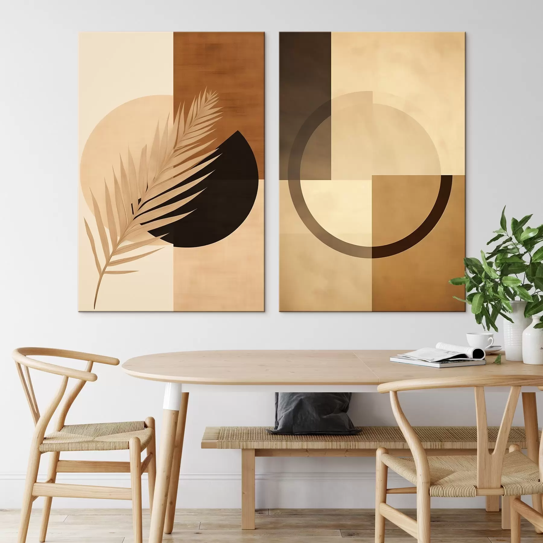  Peintures Géométrie en terre cuite et beige avec motif de feuilles de palmier m00968