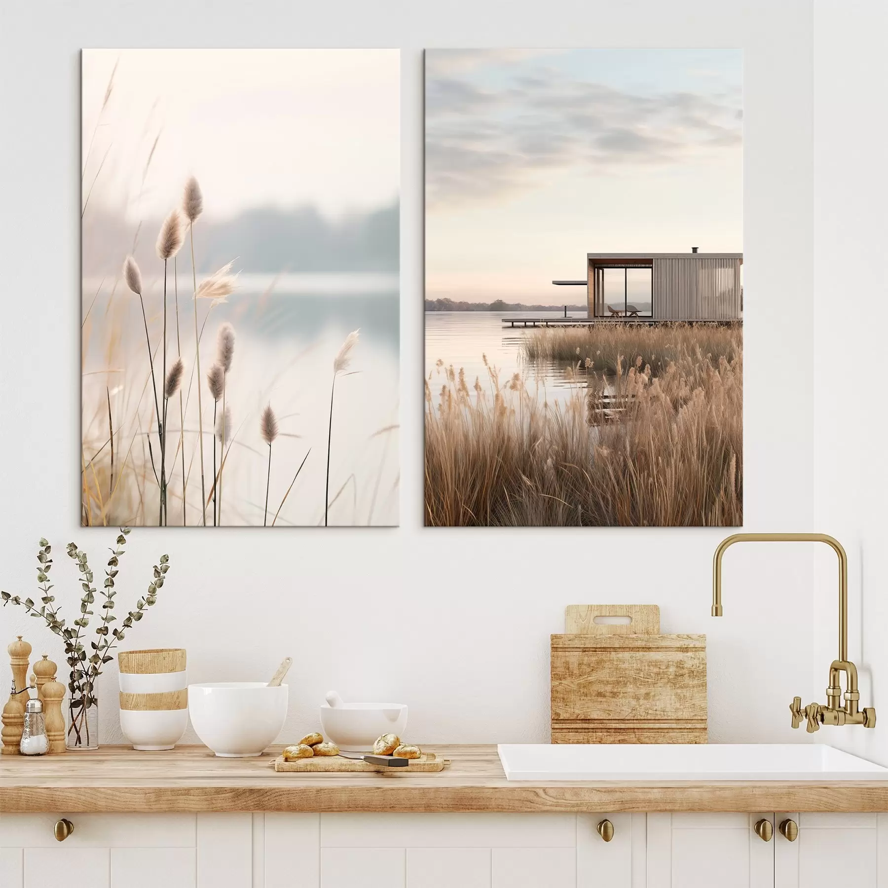  Peintures Des roseaux souples au bord d'un lac calme et une cabane moderne sur la rive m00970