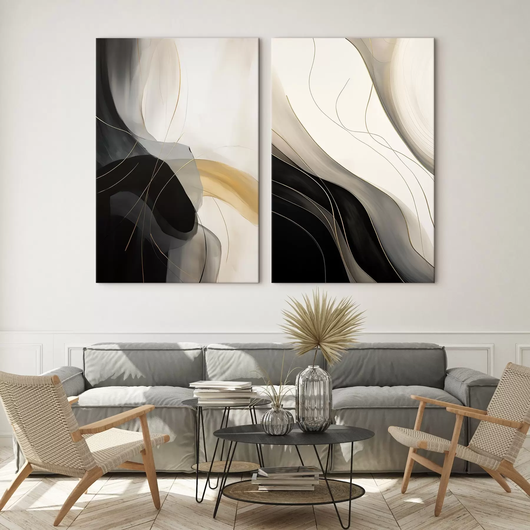  Schilderijen Monochrome curven met fijne metalen filamenten m00972