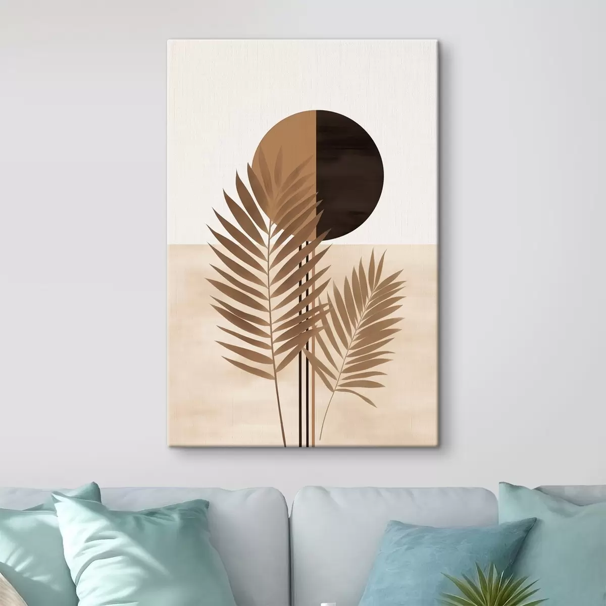  Schilderijen Twee palmbladeren met een gespleten cirkelvormig zonnemotief s46491