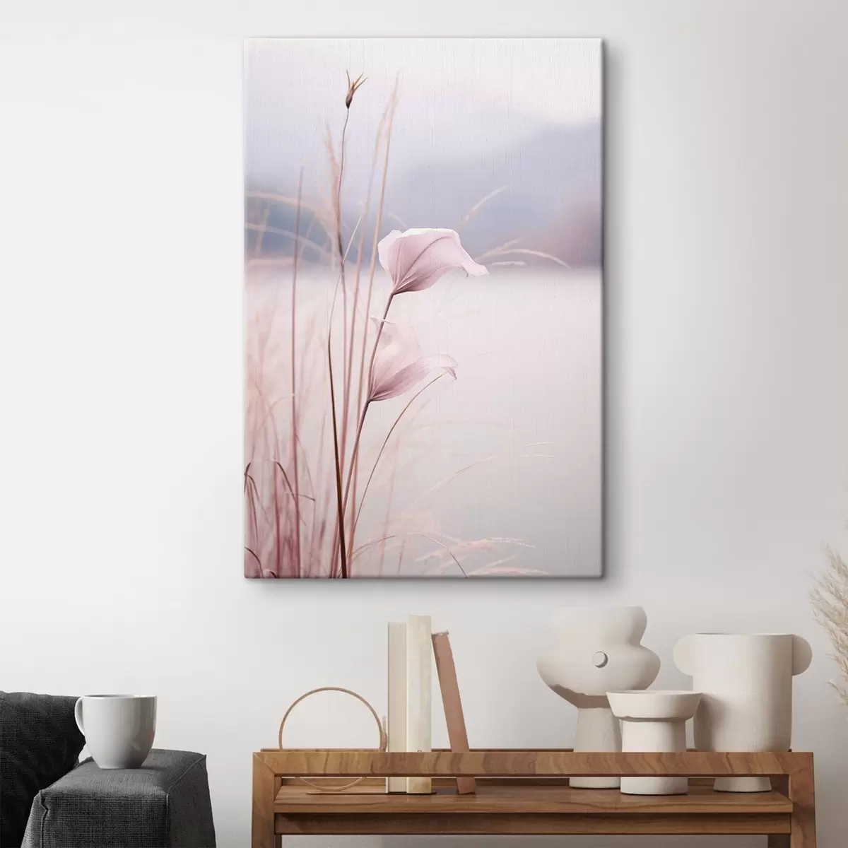  Peintures Délicates fleurs roses au bord d'un lac paisible s46503