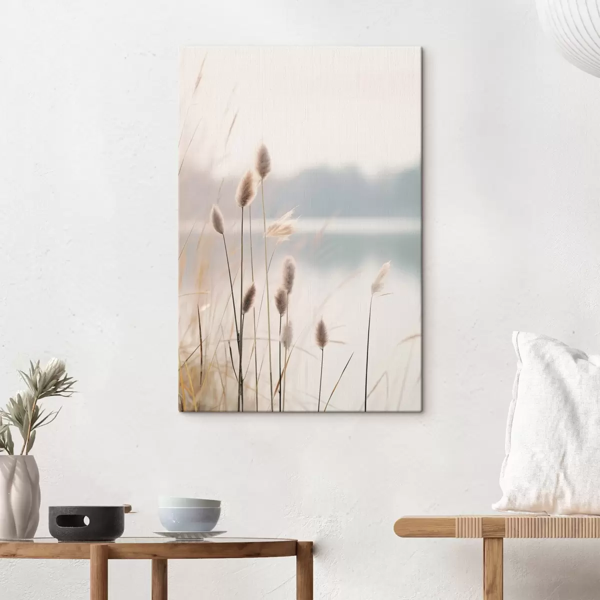  Peintures Roseaux souples au bord d'un lac brumeux, tons beiges pastel s46504