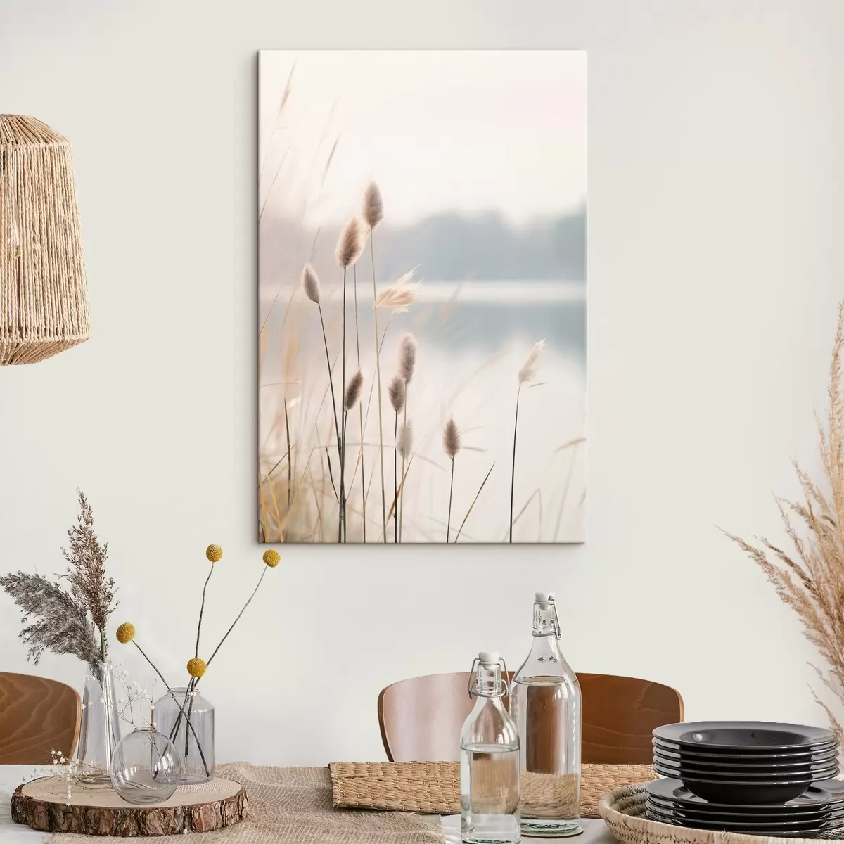  Peintures Roseaux souples au bord d'un lac brumeux, tons beiges pastel s46504