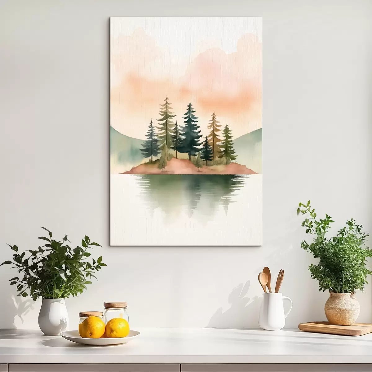  Peintures Pin aquarellé sur un îlot brumeux, ciel couleur pêche tendre s46505