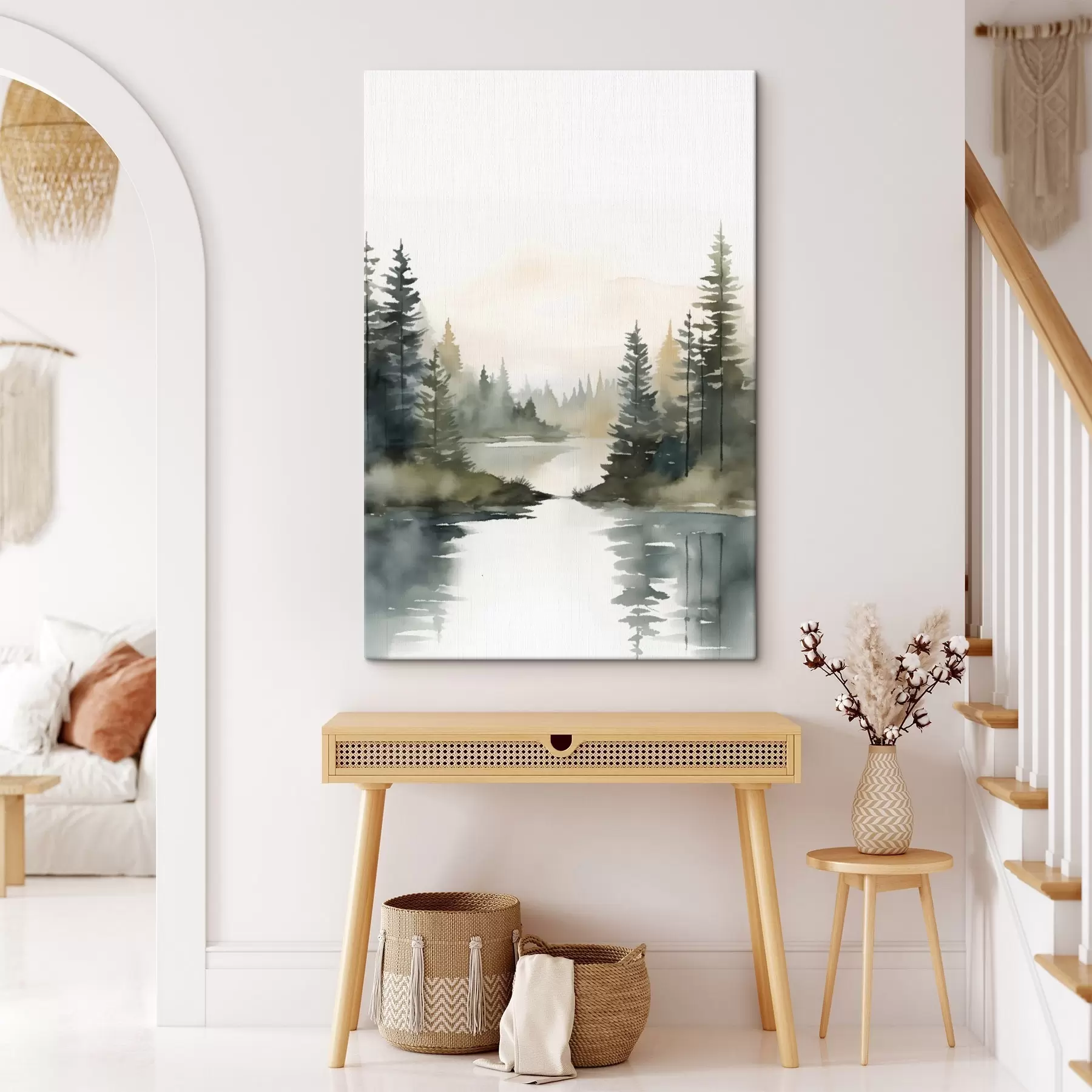  Schilderijen Mistig naaldbos boven een rustige rivier, aquarelstijl s46507