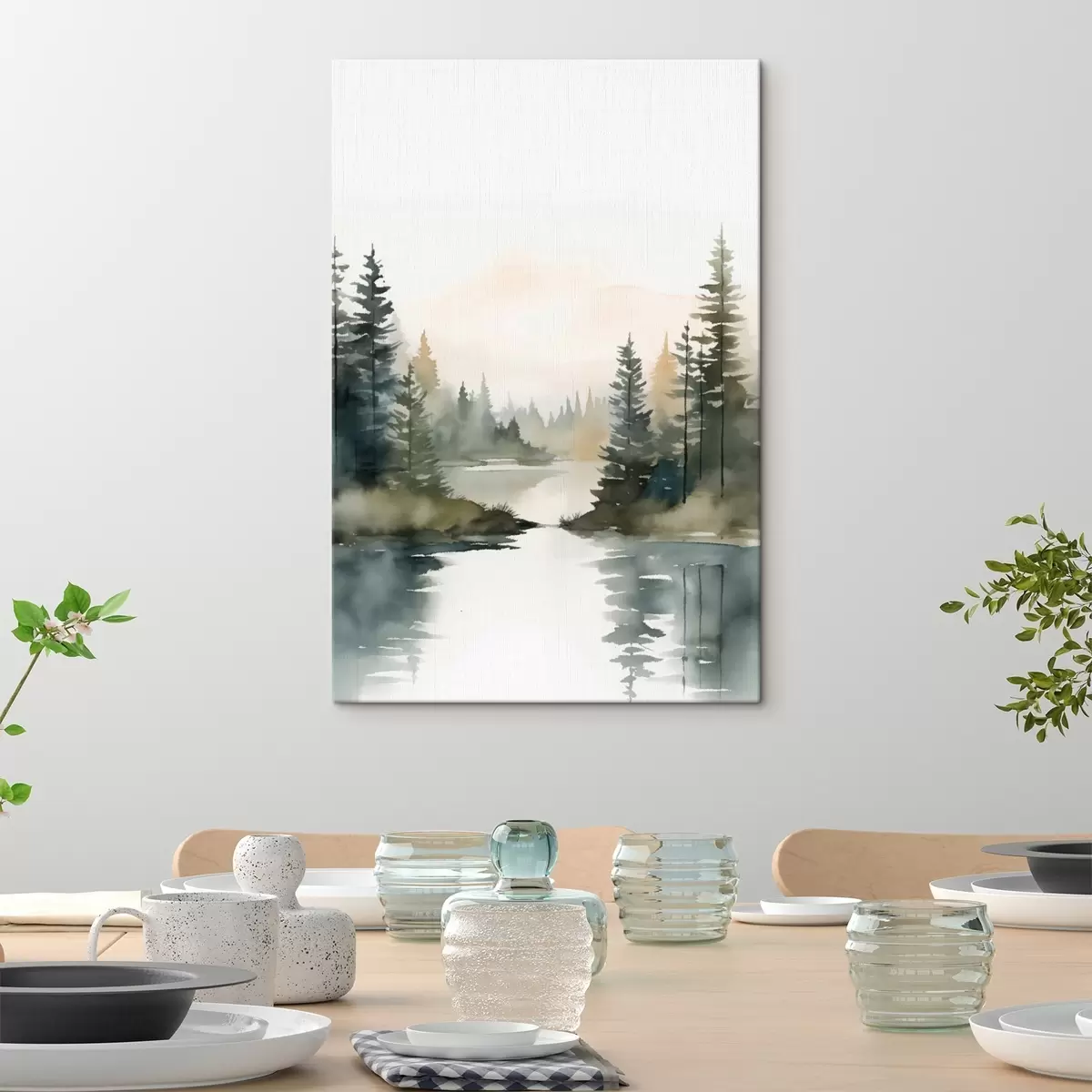  Peintures Forêt brumeuse de conifères au-dessus d'une rivière calme, style aquarelle s46507