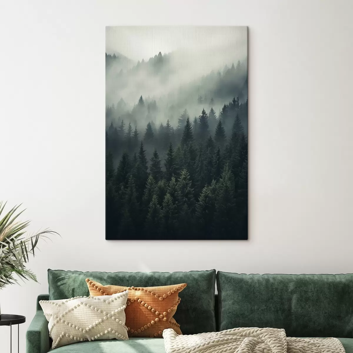  Schilderijen Mist die over een dichtbegroeid groenblijvend bos trekt s46512