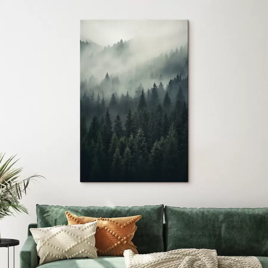  Schilderijen Mist die over een dichtbegroeid groenblijvend bos trekt s46512