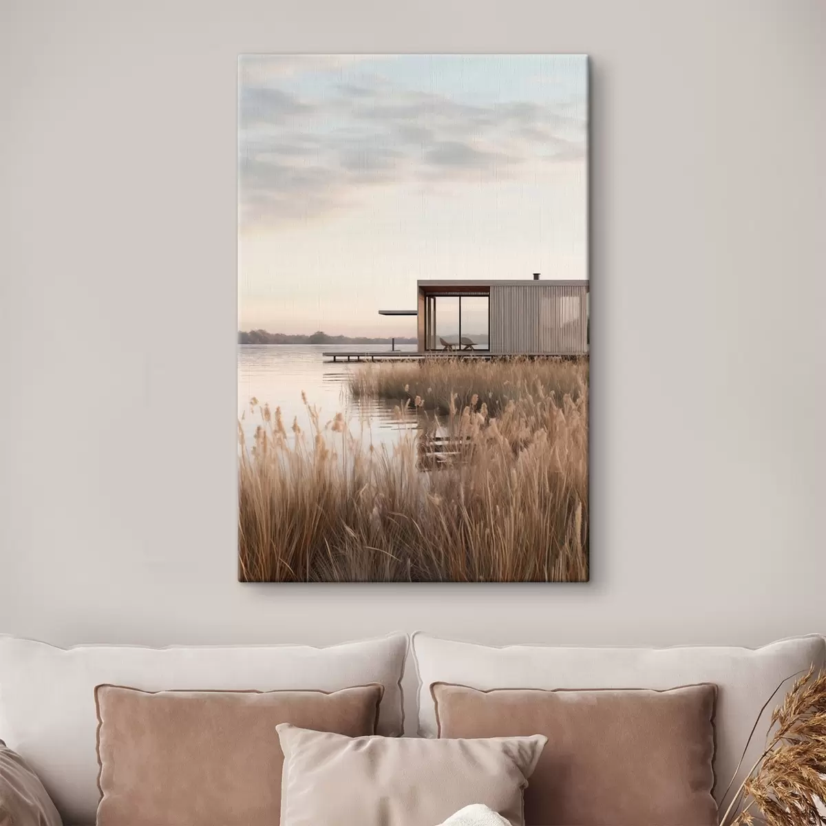  Schilderijen Moderne hut aan het meer tussen het riet in de zachte schemering s46513