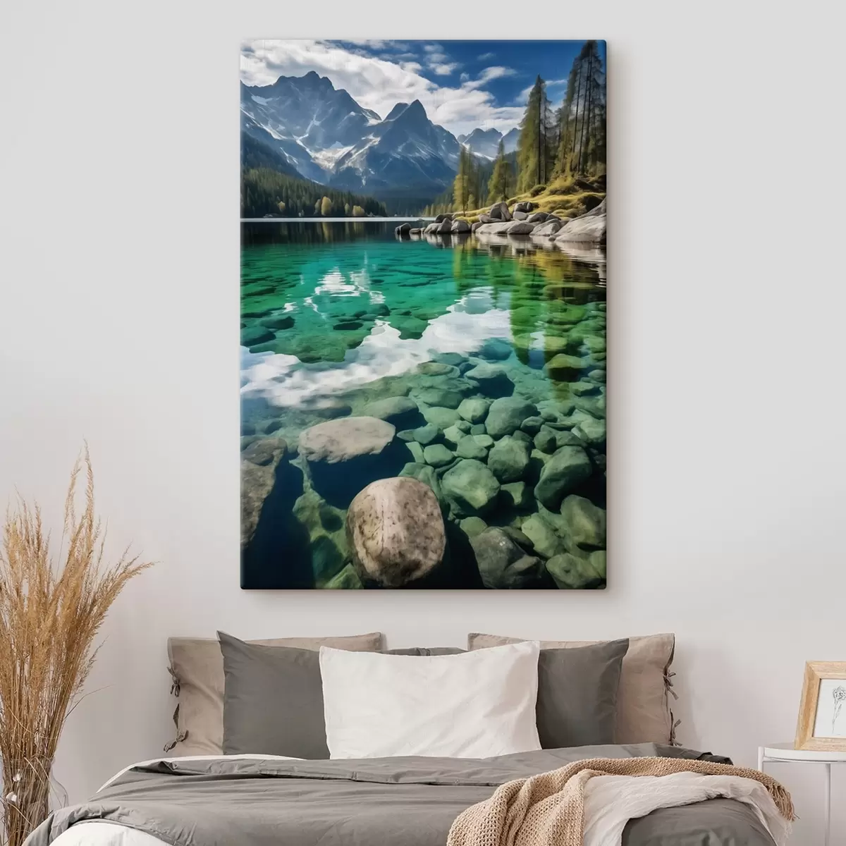  Schilderijen Smaragdgroen bergmeer met rotsen eronder en torenhoge bergtoppen s46515