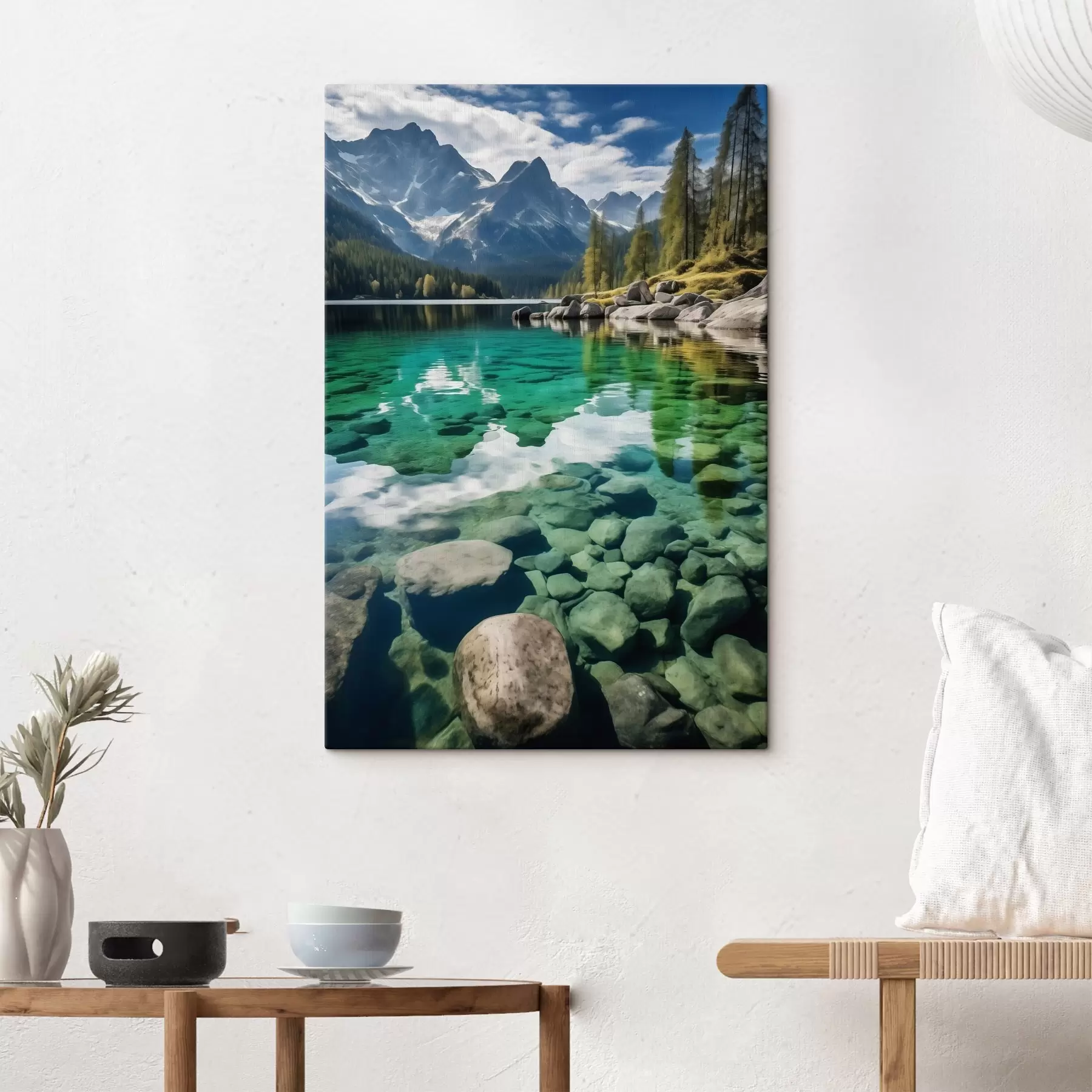  Peintures Lac alpin émeraude avec des rochers en contrebas et des pics imposants s46515