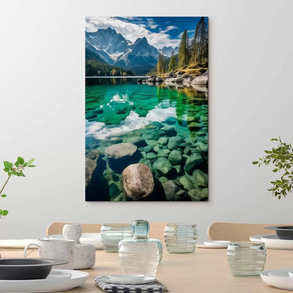  Schilderijen Smaragdgroen bergmeer met rotsen eronder en torenhoge bergtoppen s46515