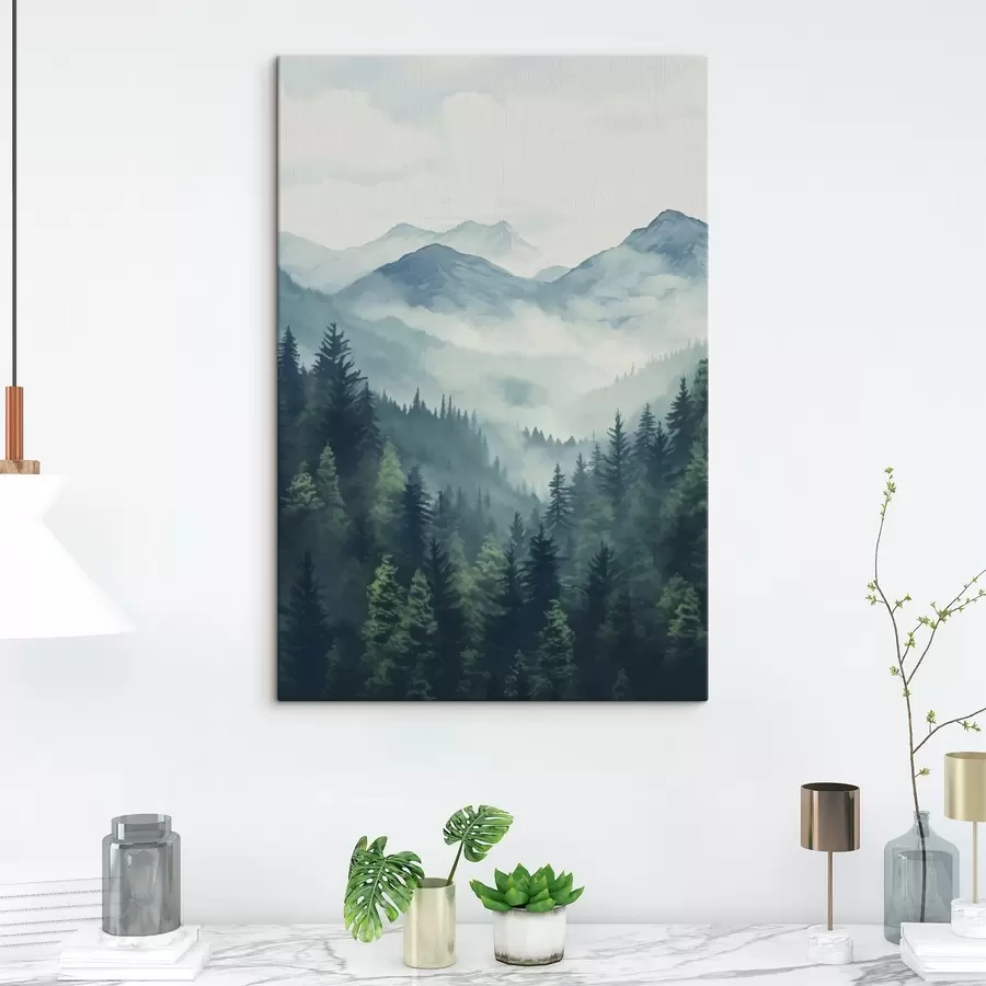  Peintures Montagnes et forêt aquarellées dans la douce brume matinale s46519