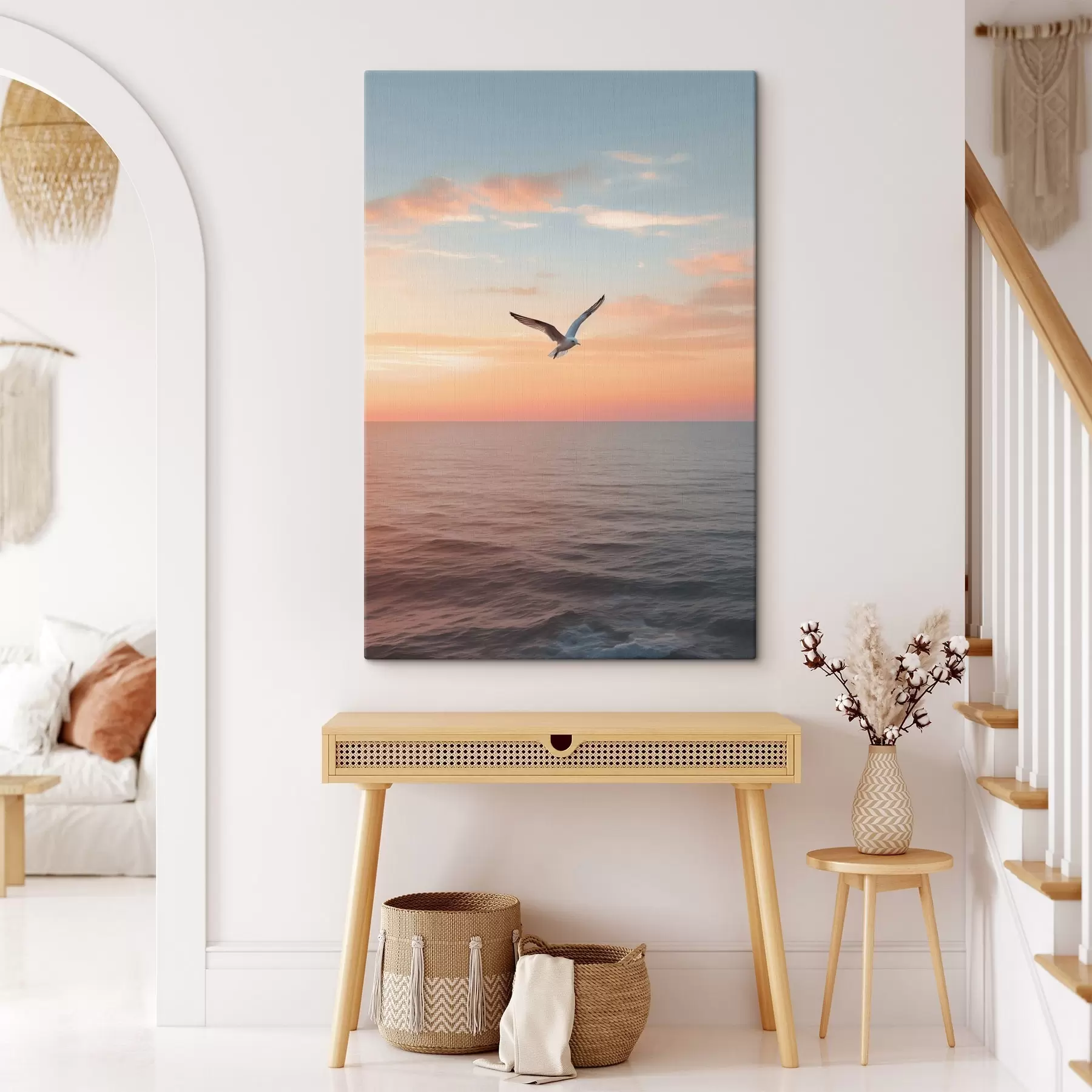  Peintures Mouette au-dessus de la mer, au coucher de soleil rose-pêche s46520