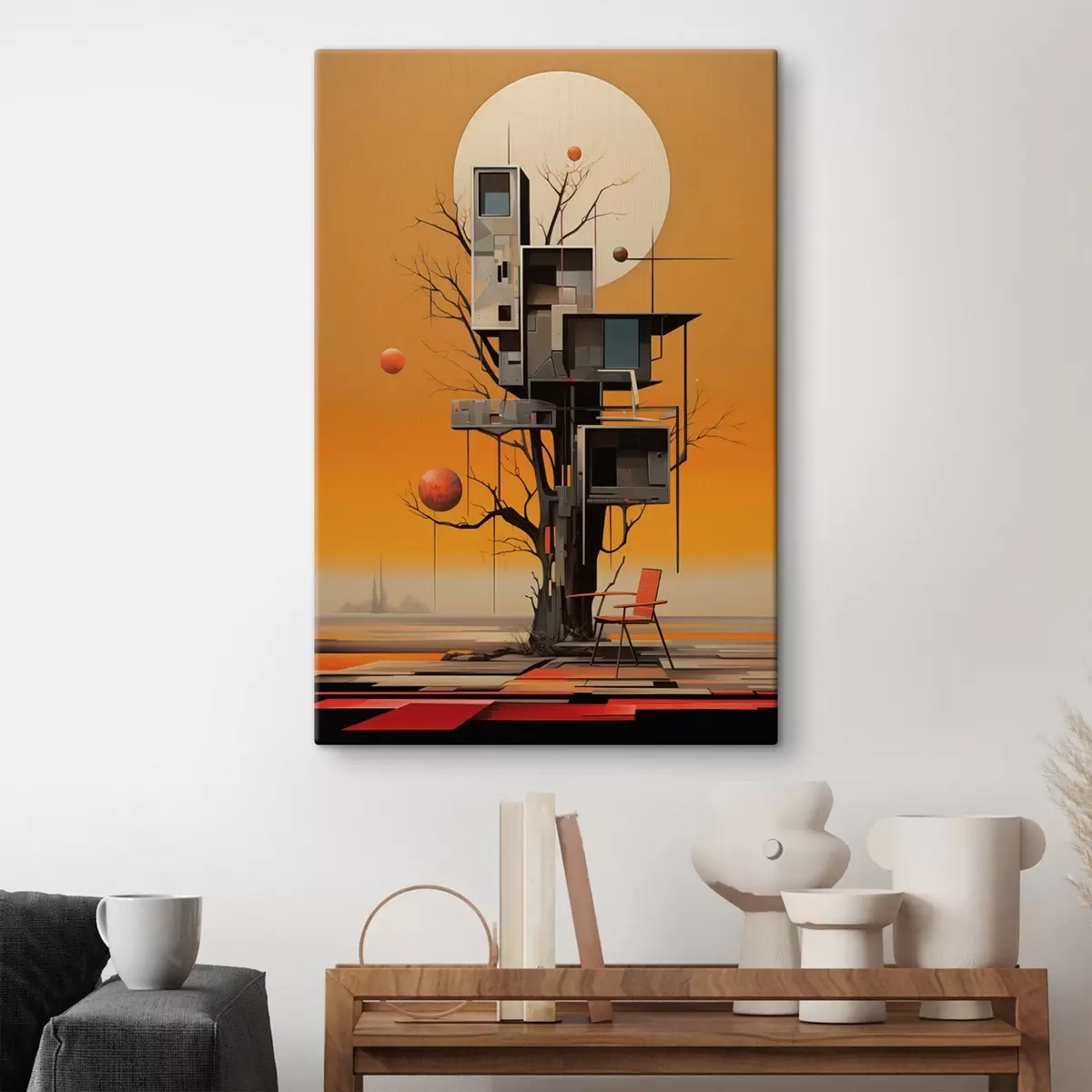  Peintures Cabane surréaliste dans les arbres sur fond orange s46526